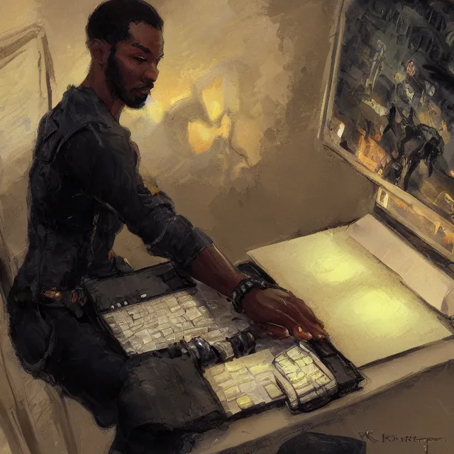 Image similar to a lightskinned black man with short hair, fantasy, using a macbook, elegant, intricate, digital painting, artstation, concept art, smooth, sharp focus, illustration, art by konstantin korovin and daniel f. gerhartz and john howe