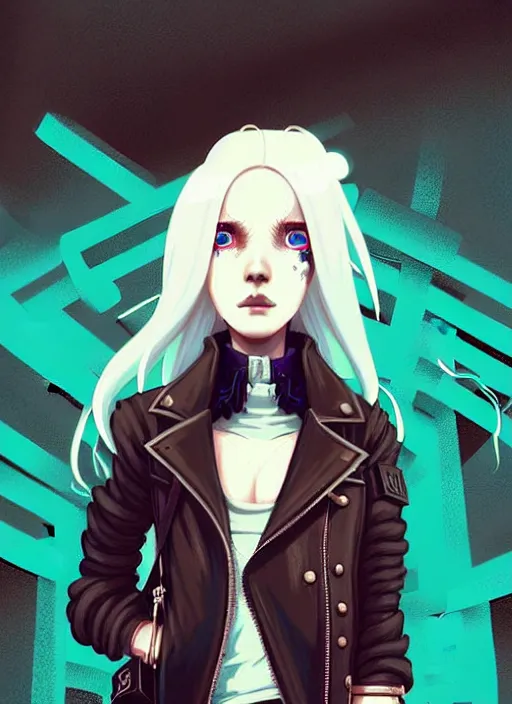 Image similar to highly detailed portrait of a sewer punk lady student, blue eyes, leather jacket, white hair by atey ghailan, by greg rutkowski, by greg tocchini, by james gilleard, by joe fenton, by kaethe butcher, gradient blue, black, brown and cyan color scheme, grunge aesthetic!!! ( ( graffiti tag wall background ) )