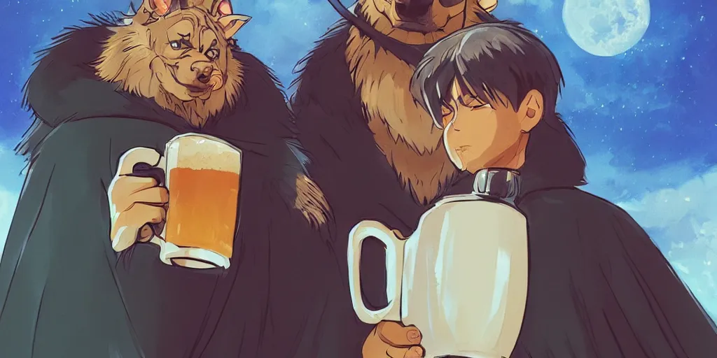 Image similar to a two german shepherds beast - men, holding a mug of beer, a lot of pockets, fur cape, tavern background, magical, bright, colorful, fantastic lighting, amazing details, 4 k uhd, illustration by hayao miyazaki and makoto shinkai and ilya kuvshinov, artstation, pixiv,