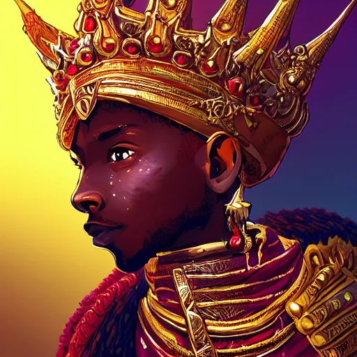 Image similar to a young black boy dressed like an african moorish warrior in gold armor and a crown with a ruby, and a very ornate glowing scimtar, for honor character digital illustration portrait design, by android jones in a psychedelic fantasy style, dramatic lighting, hero pose, wide angle dynamic portrait