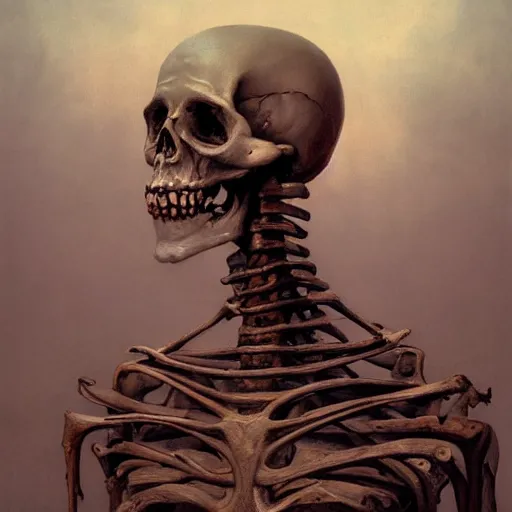 Prompt: A portrait of Skeleton by Zdzisław Beksiński and Ilya Repin,In style of Post-Apocalyptic.digital art, illustration,hyper detailed,smooth, sharp focus,trending on artstation,oil on the canvas,4k