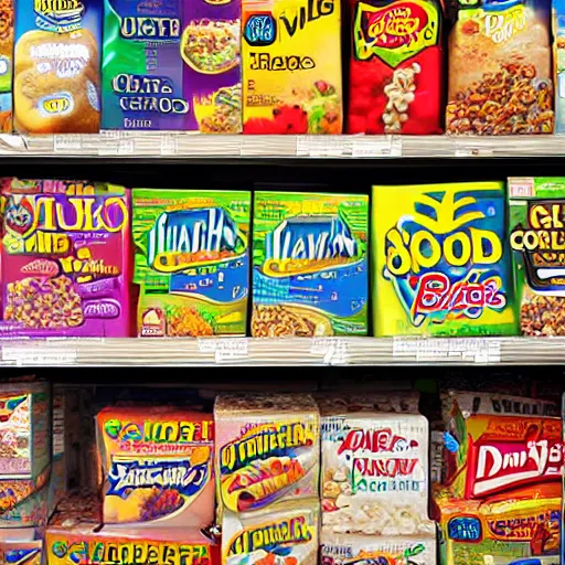 Image similar to close up of a perfectly normal cereal box on the shelf at the grocery store, highly detailed, high definition, ultra realistic