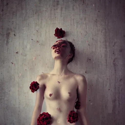 Image similar to full body fine art photo of the most beautiful woman, she is covered with dried roses, taken by oleg oprisco