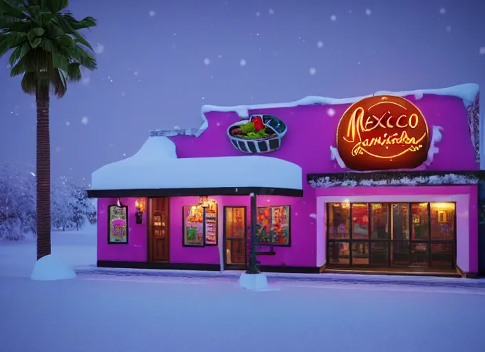 Image similar to realistic exterior photo of a mexican restaurant, vaporwave, in a flat snowy field. 35mm. Very detailed 8k. Sharp. Cinematic post-processing. Unreal engine. Nanite. Ray tracing. Parallax. Tessellation