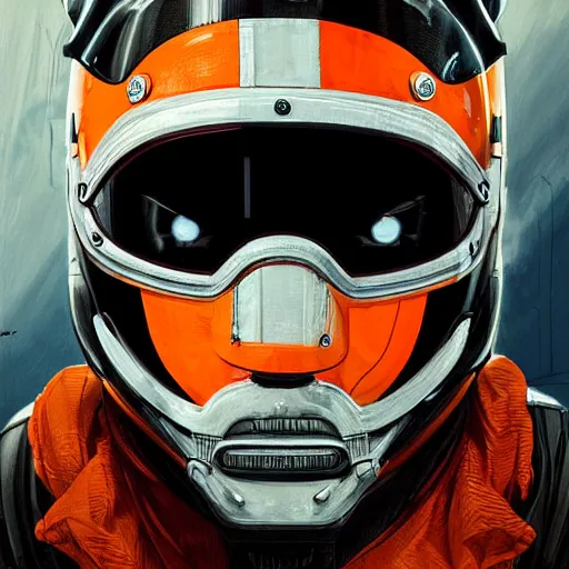 Image similar to a portrait of a monster, in an orange racing helmet by sandra chevrier, detailed render, epic composition, cybernetics, 4 k realistic, cryengine, realistic shaded lighting, sharp focus, masterpiece, by matteo scalera, gary montalbano, peter elson in the style of the tokyo ghost comic