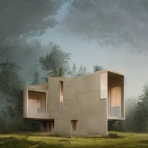 Prompt: beige rectangular house with big atrium surrounded by collumns, on a hill surrounded by big trees, dramatic lighting, artstation, matte painting, raphael lacoste, simon stalenhag, frank lloyd wright, zaha hadid, drone view