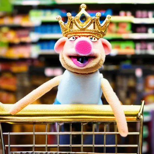 Prompt: muppet pig wearing a gold crown shopping at a grocery store 8k