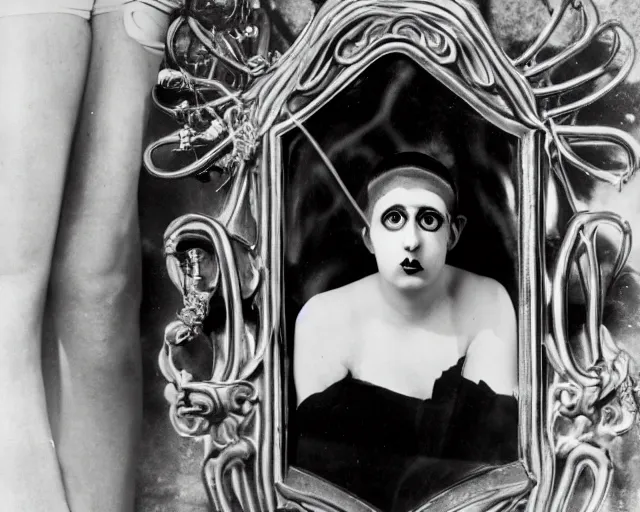 Prompt: a vintage black and white photo of a woman in a fish bowl, a surrealist sculpture by Claude Cahun, conceptual art, movie still, art nouveau, hall of mirrors, surrealist, 1920