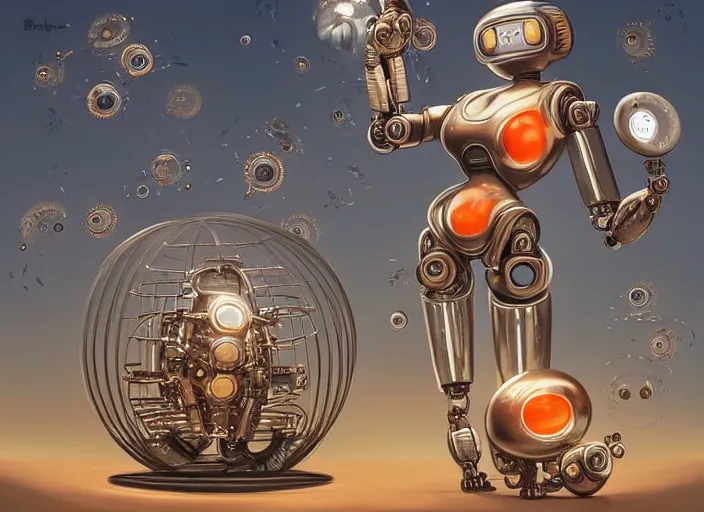 Image similar to A robot in front of Machines holding a robotic egg. Pirayas swimming in the air. Copper and gears. Artwork by Brian Despain and artgerm