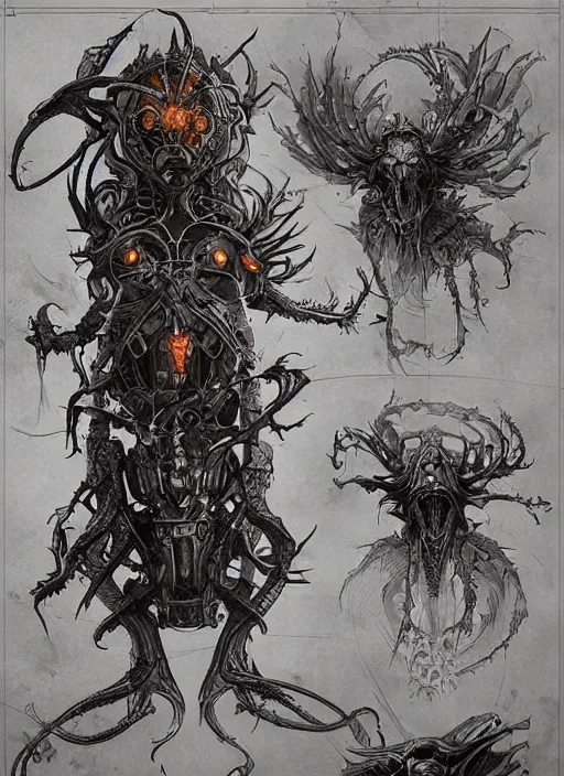 Prompt: a full page concept designs of extraterrestrial dark creature concept art, steampunk blueprint, intricate details, ink on paper, scientific, Highly detailed labeled, poster, Peter Mohrbacher