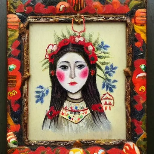 Prompt: russian folk art. young woman with many hearts. autumnal colours