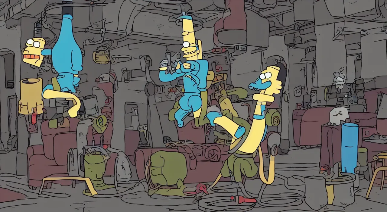 Image similar to a hilarious digital animation still of Bender from Futurama doing a keg-stand while wearing a lampshade in the style of Futurama