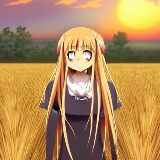 Image similar to anime illustration of Holo from Spice and Wolf standing in a wheat field at sunset, Holo is a wolf girl, high detail, trending on pixiv