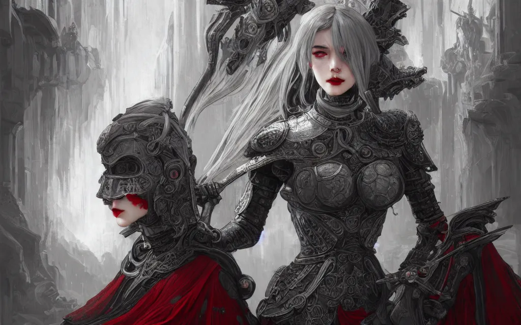 Image similar to portrait grey hair knights of zodiac girl + smoky eyes, matt black / little red color armor in ruined agora of athens, ssci - fi and fantasy, intricate and beautiful and elegant, highly detailed, digital painting, artstation, concept art, smooth and sharp focus, illustration, art by tian zi and wlop and alphonse mucha