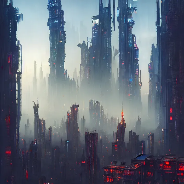 Prompt: Skyline of a cyberpunk medieval castle surrounded by modern skyscrapers, high light on the left, illuminated by a dramatic light, Low key lighting, light dark, High constrast, dramatic , Steve Mccurry, Greg Rutkowski, Alphonse Mucha, high quality, photo-realistic, four fingers maximum ,8K