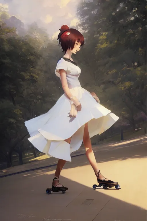 Image similar to A ultradetailed beautiful panting of a stylish woman in a maid outfit skateboarding, Oil painting, by Ilya Kuvshinov, Greg Rutkowski and Makoto Shinkai