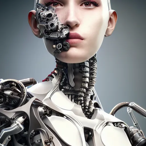 Image similar to An extremely beautiful biomechanical female looking robot with Emoji tattoos, chimeric organism, pale skin, organic polycarbon, full frontal portrait, ex machina, highly detailed, mendelbrot fractal, ray tracing, hyperdetailed, hyperrealistic, oppai cyberpunk, octane render, hdr, uhd 4k