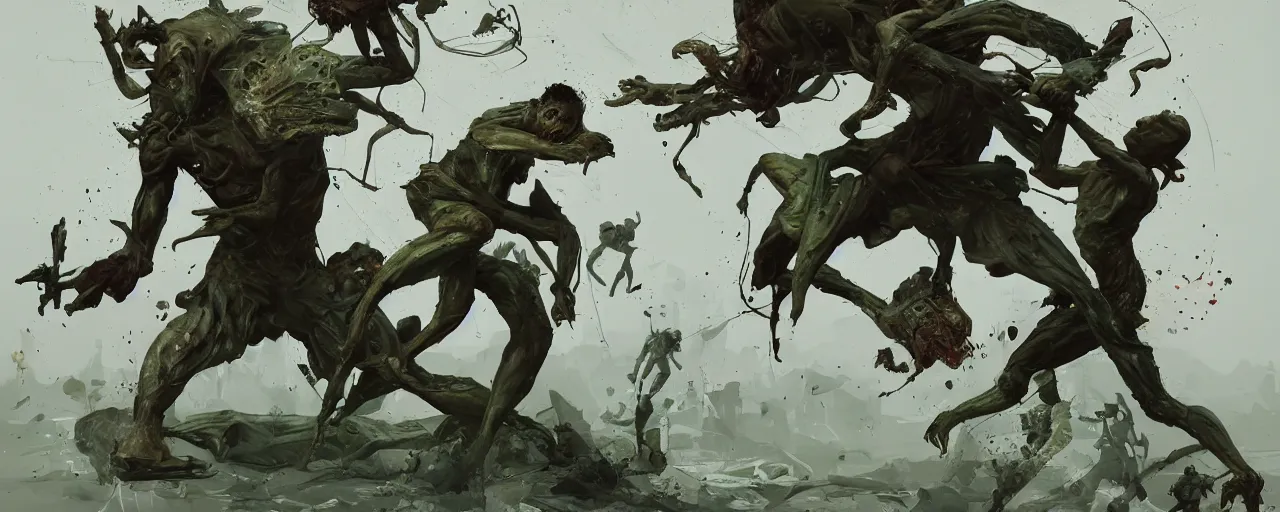 Image similar to duotone olive green grey illustration 3 / 4 portrait of gollum kun fu fighting with giant insects. dynamic chaotic composition accidental renaissance golden ratio. by sachin teng and sergey kolesov and ruan jia and heng z. graffiti art, scifi, fantasy, hyper detailed. octane render. concept art. trending on artstation