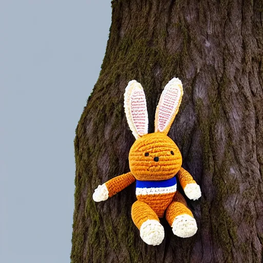 Prompt: a chocolate plush rabbit hand stitched with love and years of wear and tear now sat alone in thought wearing an old crochet karate uniform underneath a great twisted old oak tree with big soft rabbit ears, photography, photorealistic, national geographic, sesame street