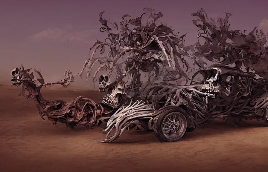 Image similar to a scary flowery skeleton car in a desert, artstation, digital art,