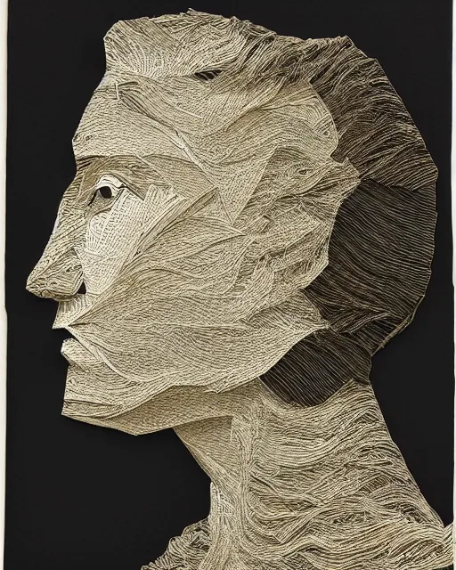 Prompt: a woman's face in profile, made of cut paper, in the style of the Dutch masters and Gregory Crewdson, dark and moody