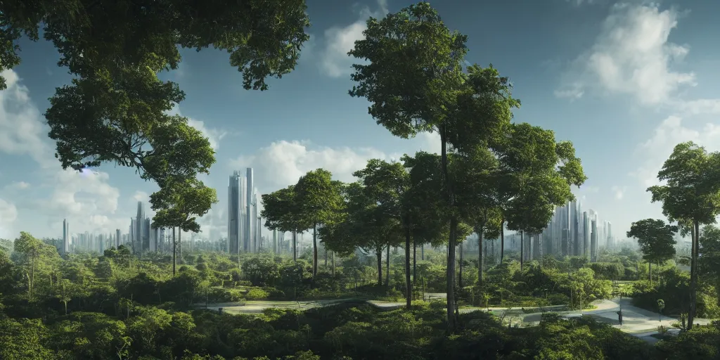 Prompt: diversely grown forest with a single building based on the architecture of ricardo bofill with an urban megacity in the distance, sci - fi, light blue sky with clouds, dramatic matte painting, style by thomas cole, 8 k, octane render, photorealistic, hyperrealism