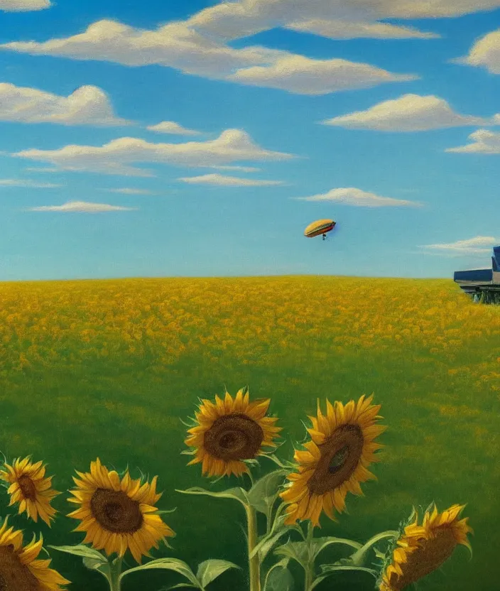 Prompt: a highly detailed painting of a sunflower field and an ufo abducting a cow, very fine brush strokes, baby blue sky with aesthetic clouds, in the style of edward hopper, 4 k,