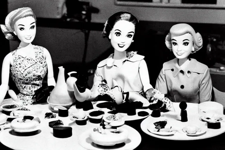 Prompt: Godzilla tea party with Barbie, plastic barbie doll, 1956 claymation godzilla