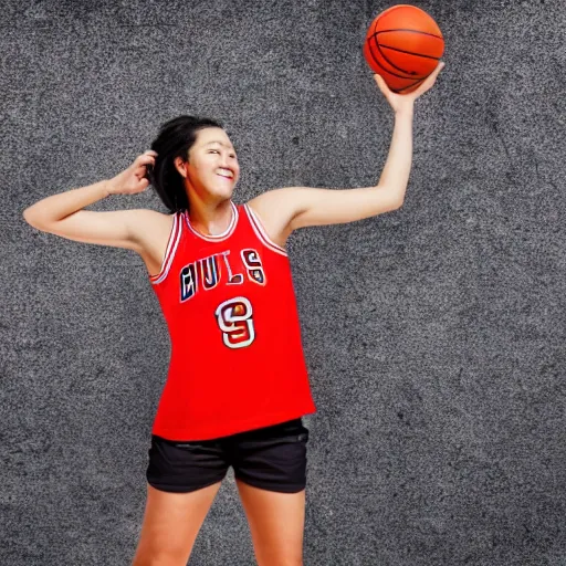 Prompt: woman shooting a basketball on court in a chicago bulls jersey