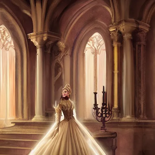 Image similar to Princess at a royal banquet, elegant dress, intricate, matte, digital painting, 8K, warm lighting, large staircase, royalty, high detail, medieval-fantasy, concept art, realistic, cinematic