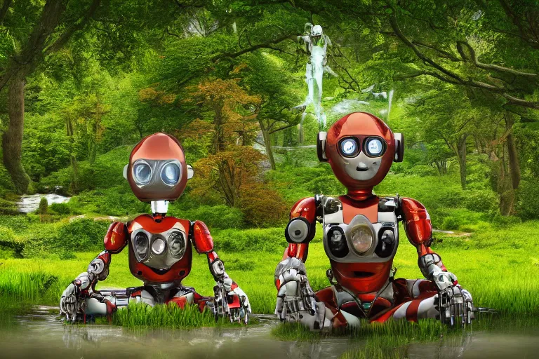 Image similar to professional photo of highly-detailed robot sitting cross-legged with its head pointing down, on a small hill, in a fantasy forest with blooming trees and surrounded my wildlife, river flowing beside the robot, 4k, highly detailed, Unreal Engine