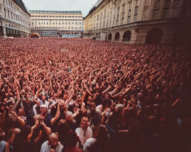 Image similar to crowd rage against an enormous huge ( ( ( leg ) ) ) on stage in vienna, shot on kodak portra 4 0 0 3 5 mm film