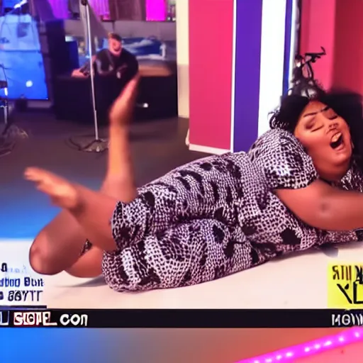 Image similar to local news broadcast of lizzo lying on the floor during a live broadcast