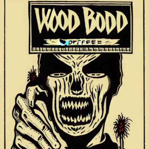 Prompt: woodcut, vhs cover, 1 9 8 3, horror, coffee shop, espresso machine, barista zombie, los angeles, designed by charles burns