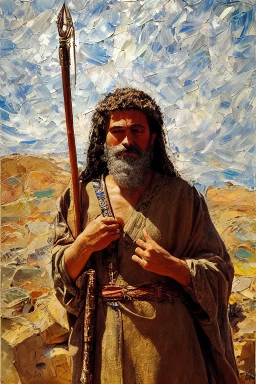 Image similar to highly detailed palette knife oil painting of a historically accurate depiction of the ancient biblical israeli king david, thoughtful, by Peter Lindbergh, impressionistic brush strokes, painterly brushwork
