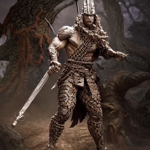 Image similar to muscular warrior with surface of tree - bark, wearing intricate stone wood vines armor, holding halberd with laser blade, battlefield, highly detailed, dramatic lighting, cinematic, sci - fi, hyperrealistic, detailed