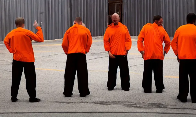 Prompt: guantanamo bay prison prisoners in orange jump suit crying. one of them is!! donald trump!!, photograph, realistic, dramatic lighting