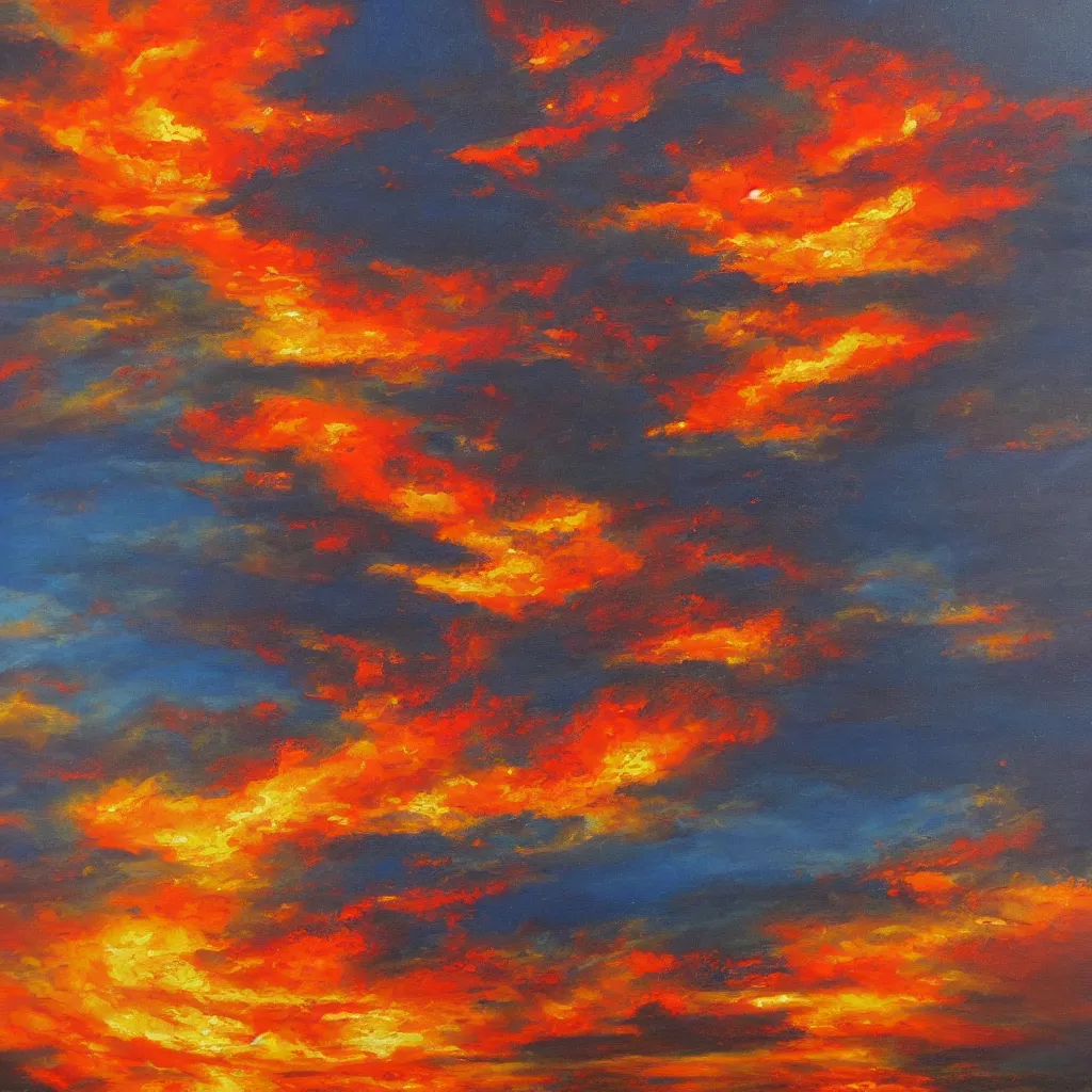 Prompt: sky on fire, highly detailed oil on canvas, by Arkhip Kuinji