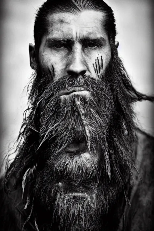 Prompt: a cinematic view of wide bw photo from a very ornated rasputin viking, half shaved haircut, braided beard, showing nordic tattoos in the head, scars in the face, feather earing, using leather armour with necklace of teeth, marvelous expression, photorealistic, volummetric light, detailed, texturized, zeiss lens high professional mode