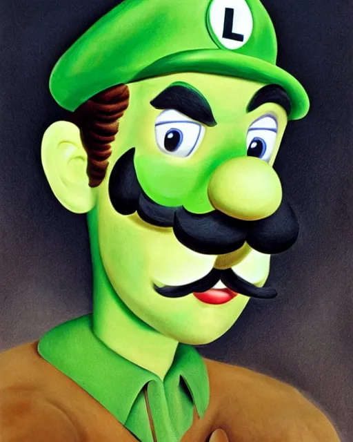 Prompt: luigi from mario bros, hyperrealistic portrait by by jean gireaud and salvador dali