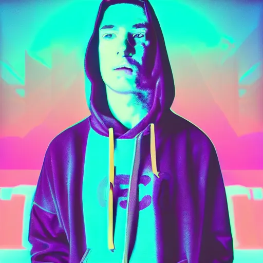 Image similar to rich astley in hoodie, portrait, vaporwave, synthwave, neon, vector graphics, cinematic, volumetric lighting, f 8 aperture, cinematic eastman 5 3 8 4 film