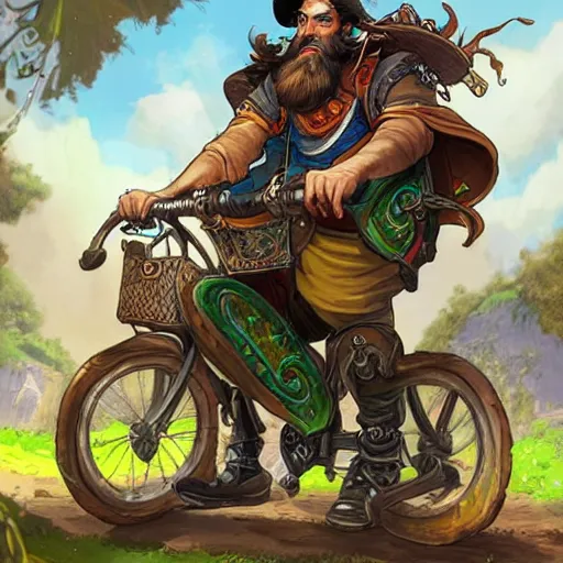 Image similar to a bearded and long haired bicycle food delivery worker with a green bag on his back in Europe, hearthstone art style, epic fantasy style art by kim jung gi, fantasy epic digital art