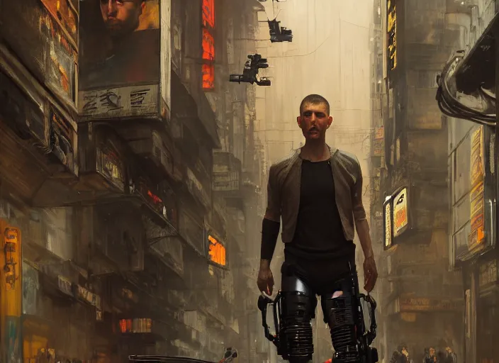 Image similar to blade runner with four robotic legs ( blade runner 2 0 4 9, dystopian, cyberpunk 2 0 7 7 character design ). orientalist portrait by john william waterhouse and james gurney and theodore ralli and nasreddine dinet, oil on canvas. cinematic, hyper realism, realistic proportions, dramatic lighting, high detail 4 k