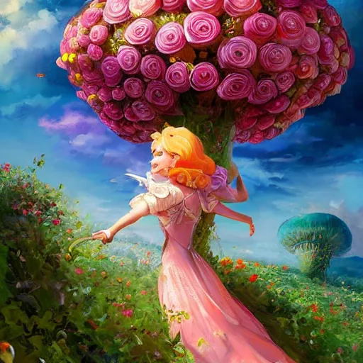 Image similar to portrait of princess peach, running up a hill of exotic flowers in the Mushroom Kingdom, giant mushrooms, and roses, from behind, streets, birds in the sky, sunlight and rays of light shining through trees, beautiful, solarpunk!!!, highly detailed, digital painting by Michael Garmash and Peter Mohrbacher