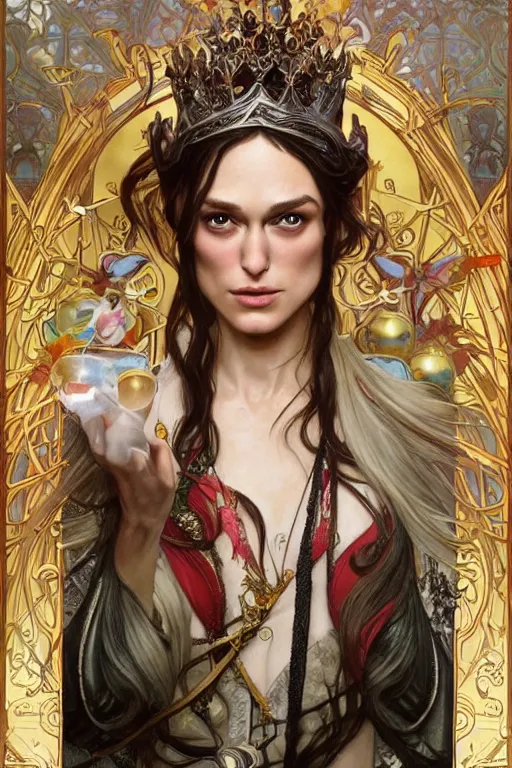 Prompt: the daughter of keira knightly and jodie foster as a high elf queen with water splashs and ornaments painted by artgerm, alphonse mucha and chris rahn, highly detailed artwork, composition by android jones - n 4