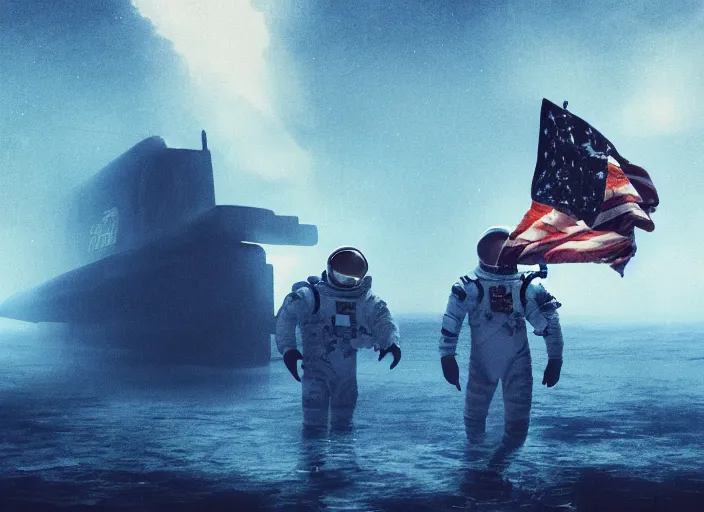 Image similar to astronaut holding a flag in an underwater desert. a submarine is visible in the distance. dark, concept art, cinematic, dramatic, atmospheric, 8 k, trending on artstation, blue, fish, low visibility, fog, ocean floor, christopher nolan, interstellar