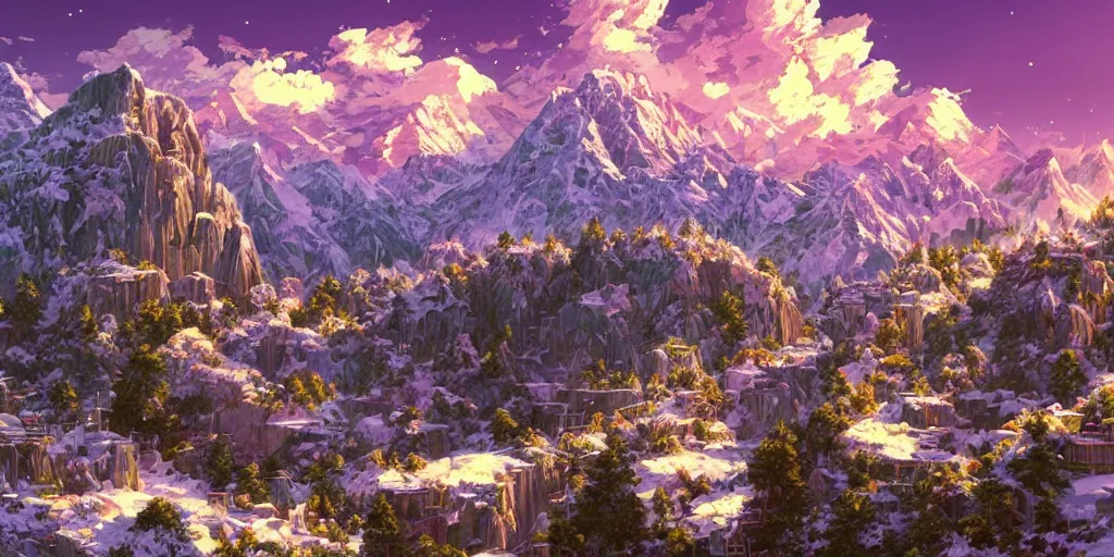 Image similar to the aesthetic view of the beautiful, grand, wistful, dreamy snowcapped mountain at dusk, hyperrealistic anime illustration by iralki nadar, colorful, extremely detailed, intricate linework, super sharp focus, bright colors, octopath traveler, studio ghibli, unreal engine 5 highly rendered, global illumination, radiant light, detailed and intricate environment