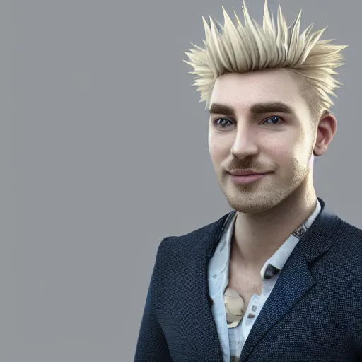 Prompt: attractive irish english man with a petite goatee and spiky blonde hair smiling at the camera, 3D octane render, character design