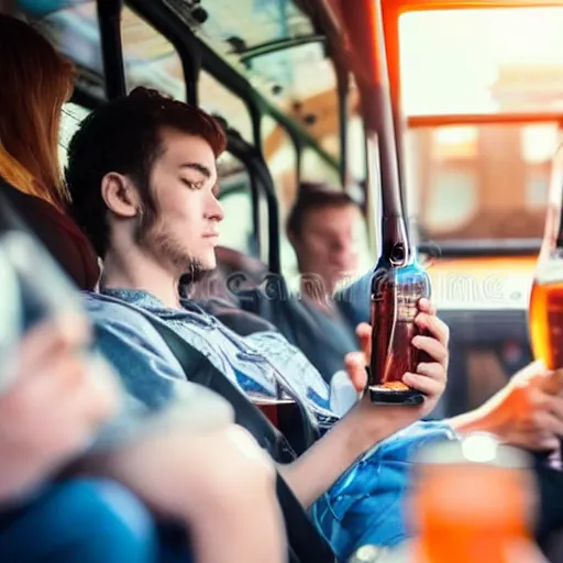 Prompt: a bored tired young university student is riding a very crowded public bus, he's holding a bottle of fizzy dark beer and is looking at his smartphone. student is wearing a black shirt, has slick dark brown hair and a round face with mild acne. professional stock photo, bokeh, 4 k