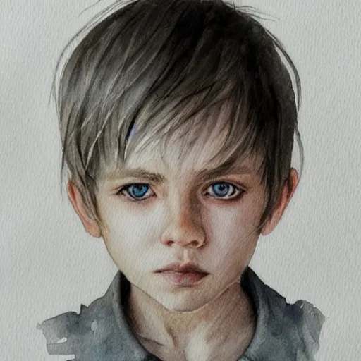 Prompt: white shoulder-length haired boy, watercolor, grey eyes, portrait, artstation, highly detailed, by Ross tram